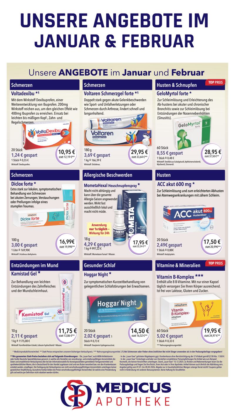 Monatlicher Angebotsflyer der Apotheke mit Informationen zu Öffnungszeiten, Leistungen, Aktionen und wechselnden Produktangeboten aus Bereichen wie Gesundheit, Pflege und Selbstmedikation.